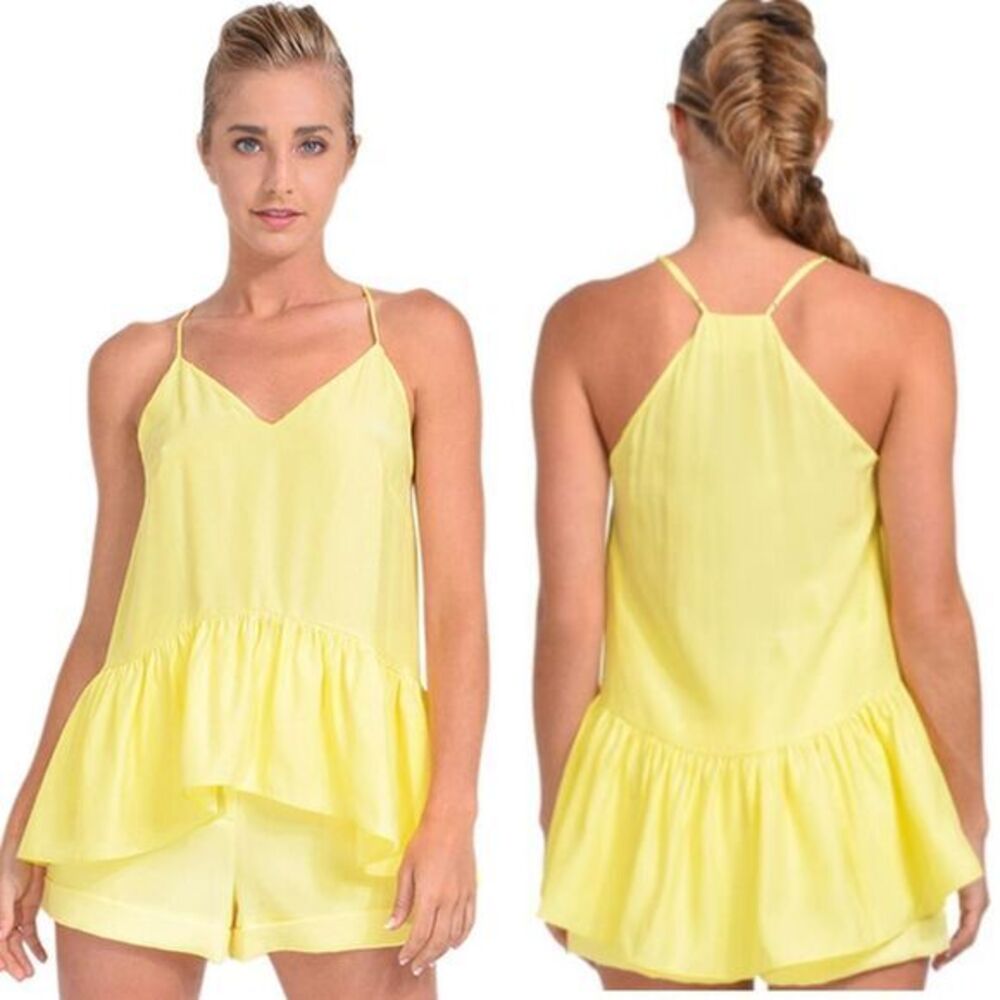 NEW Cinq à Sept Janet 100% Silk V-Neck Ruffle Hem Top, Yellow, M‎